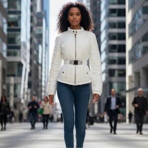 2B Bebe White Quilted Belted Puffer
Jacket with High Collar